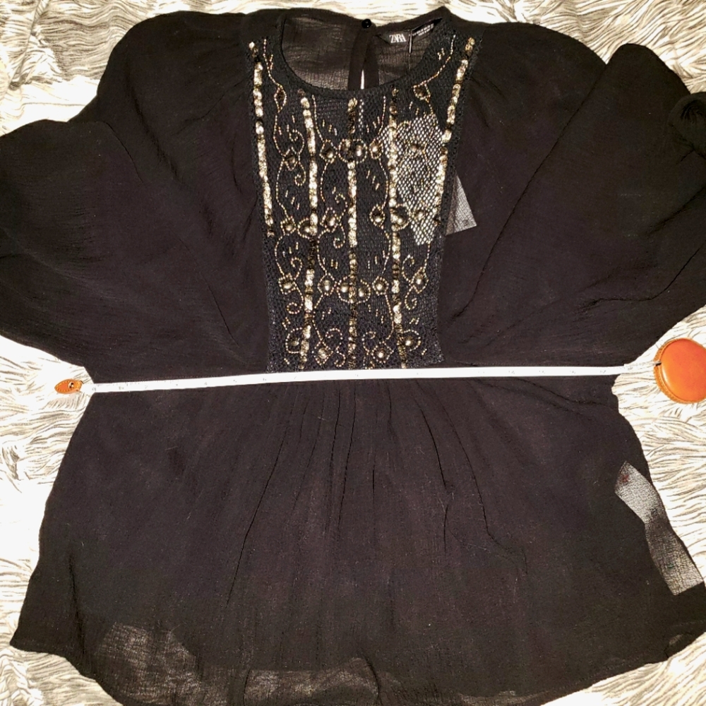 💖💖 NWT Zara Blouse Black Crepe Top Cinched Waist Size Medium